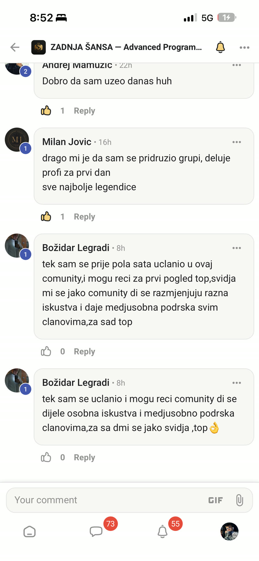 Komentari novih članova u grupi