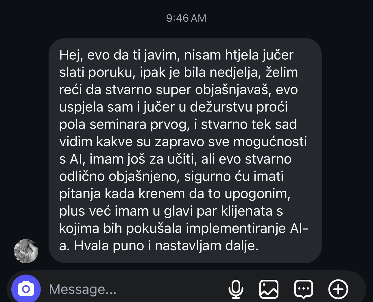 Poruka u DM-u nakon prvog seminara